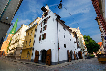 Streets of the Old Town of Riga, Latvia. Roman Catholic St. James's Cathedral on the left, the...