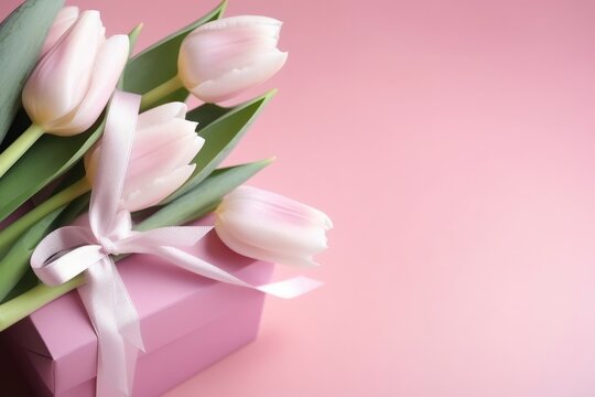 Beautiful pink box with a gift and white tulips on pink background flat lay. International Women's Day March 8, Mother's Day, Happy Birthday, Valentine's Day. Delicate festive background