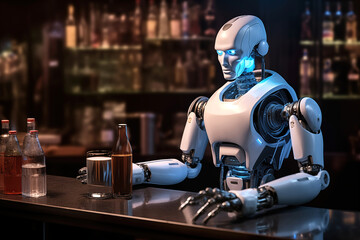 Robot AI Artificial Intelligence Bartender Waiter waitress chef cook diner restaurant cafe service industry catering food drinks Automation workplace taking over jobs Concept Illustration Photo