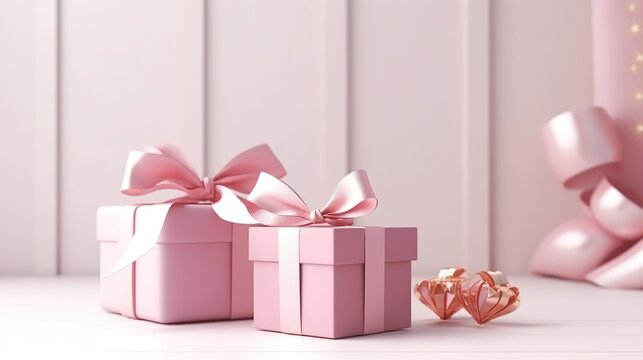 Pink gift box wrapped present with pink ribbon for valentines day celebration concept. Created with Generative AI.
