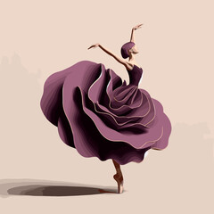 Beautiful ballerina in a long purple floral dress dancing. Vector illustration, tiptoe pose, ballet performer, generative ai