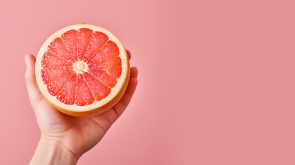 Hand holding sliced grapefruit isolated on pastel background - obrazy, fototapety, plakaty