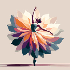Beautiful ballerina in a colorful lotus flower dress, Vector illustration, ballet dance performer, generative ai