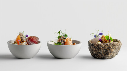 Creative, Michelin-starred dishes that use different ingredients, creative shapes, and food set against a pure white background. Culinary art.