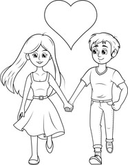 Pareja de enamorados caminando agarrados de las manos, ilustración vectorial estilo cartoon sin color en blanco y negro.