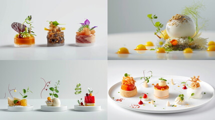 Creative, Michelin-starred dishes that use different ingredients, creative shapes, and food set against a pure white background. Culinary art.