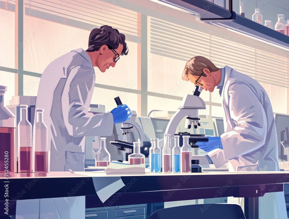 Poster two research scientists conducting microscope work in a lab generative ai