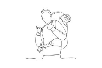 Single one line drawing a man who likes climbing mountains. Travel, vacation, holidays and adventure. Mountain landscape. Continuous line draw design graphic vector illustration