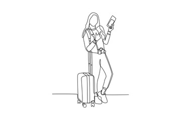 Single one line drawing girl preparing to go on holiday. Travel, vacation, holidays and adventure. Mountain landscape. Continuous line draw design graphic vector illustration