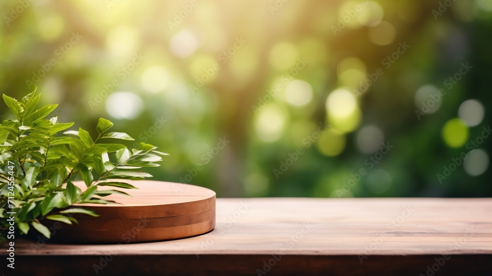 Aufkleber wooden table for product display and presentation on a foliage bokeh background. generative ai