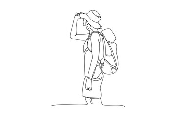 Single one line drawing girl who is on holiday in the mountains. Travel, vacation, holidays and adventure. Mountain landscape. Continuous line draw design graphic vector illustration