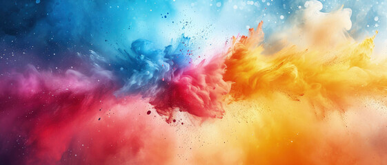 Splash of multicolored watercolor, swirl of color paint, abstract background banner. Pattern of bright explosion of colorful powder or liquid. Concept of spectrum, banner, holi, burst
