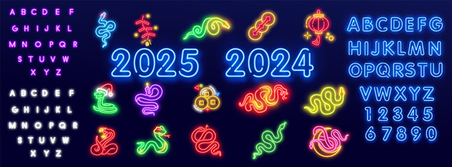 Big set of Happy New Year 2025 lettering numbers. Vector with colored logos 2025. New Year holiday logos template.