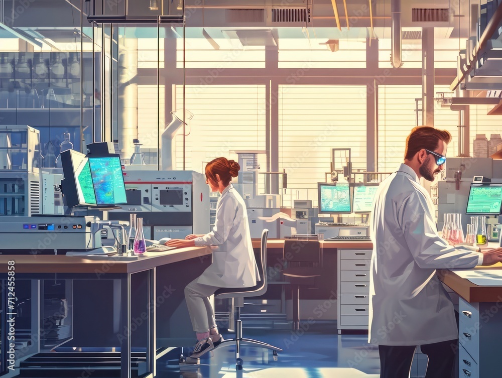 Poster two research scientists in lab coats engaged in computer work generative ai