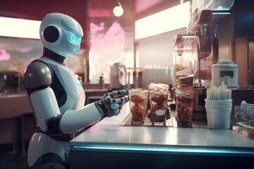 Robot AI Artificial Intelligence Waiter diner burger milkshakes service industry catering food drinks Automation in the workplace taking over jobs specifically Concept Illustration Photo
