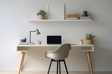 Fototapeta na wymiar Minimalistic workspace featuring a simple desk, ergonomic chair, and organized essentials