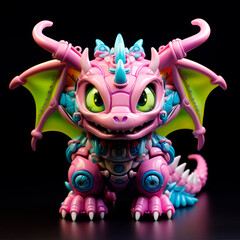 A mech art toy of a dragon, super cute with an evil face, huge wings, neon thrusters and eyes, chubby skin and robot-like mechanics. 3D rendering design illustration.