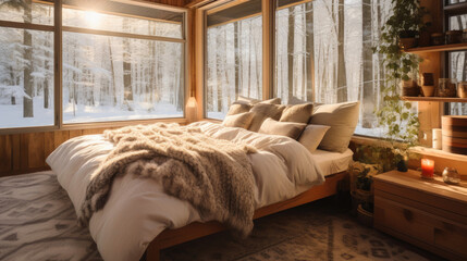 Cozy Retreat: Tiny House Bed with Winter Wonderland Views
