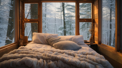 Winter Zen: Rustic Tiny House Bedroom Surrounded by Nature's Beauty