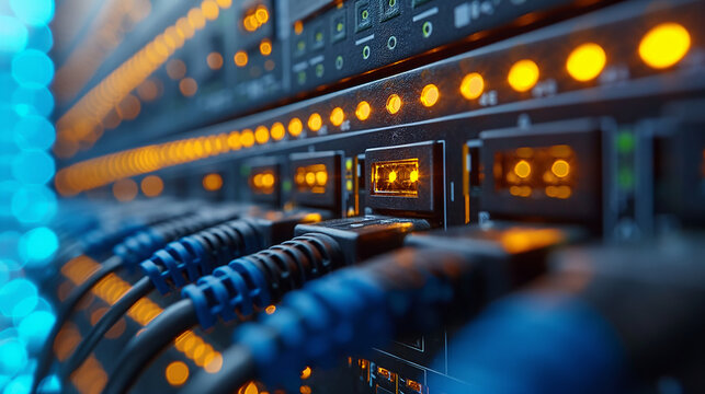Internet LAN cable In a modern server room For storing and transmitting information through a secure internet technology network.