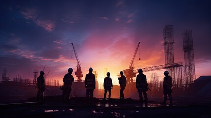 Silhouettes of construction workers with hard hats at a building site during a vivid sunset, symbolizing development and teamwork. - obrazy, fototapety, plakaty
