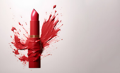 A stream of red lipstick with splashes. Red lipstick. Splattered red lipstick. Background for...