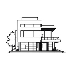 Flat roof house or commercial building in continuous line art drawing style. Modern architecture black linear sketch isolated on white background. Vector illustration	