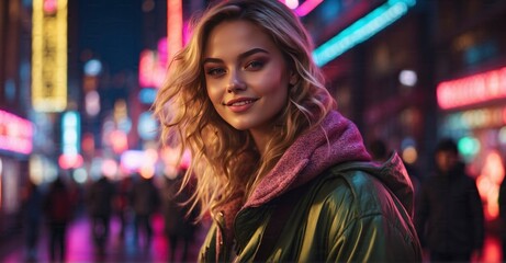 Digital Bliss Explore the Exquisite Charm of a Young Woman's Joyful Smartphone Interaction in a Night City, Illuminated by Neon Lights, through the Lens of a 50mm Portrait with a Subtle Touch of Dress