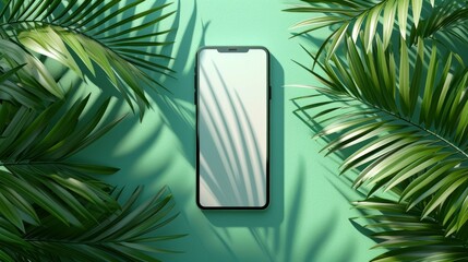 Smartphone mock-up with a white blank screen and a palm leaf shadow isolated on a green mint...