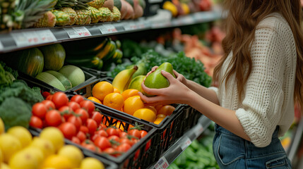 Woman picking up some fruits and veggies from the supermarket, Cropped shot of young woman shopping for fresh organic groceries in supermarket. She is shopping with a cotton mesh eco bag  - obrazy, fototapety, plakaty
