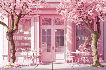Entrance to the cafe, tables outside and cherry blossom trees. illustration in pink tones.