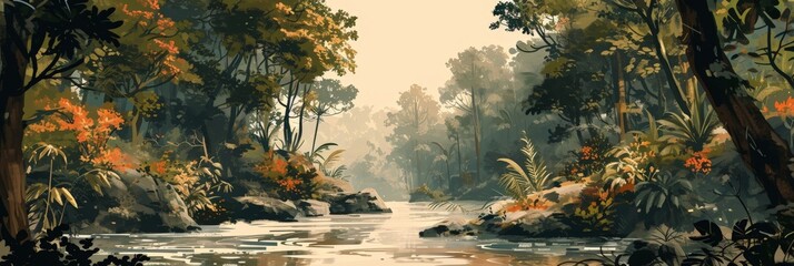 Prehistoric Landscape Background with Plants in the Style 50s Encyclopedia Vintage Illustration created with Generative AI Technology - obrazy, fototapety, plakaty
