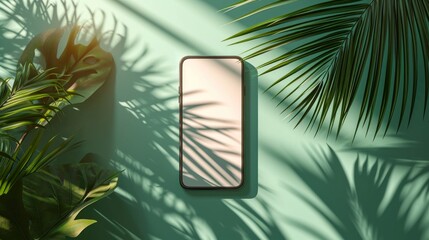 Smartphone mock-up with a white blank screen and a palm leaf shadow isolated on a green mint background at sunset. Creative layout. mockup top view, flat lay