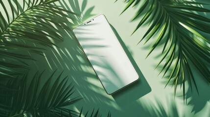 Smartphone mock-up with a white blank screen and a palm leaf shadow isolated on a green mint background at sunset. Creative layout. mockup top view, flat lay