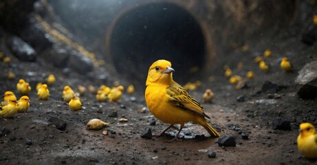 Panicked Yellow Bird in a Subterranean Coal Mine - Canary Signaling Environmental Concerns