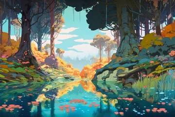 Foto op Canvas Landschaft mit Fluss im Cartoon Manga Style © paganin