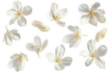 some flower jasmine petals flew isolated on white background