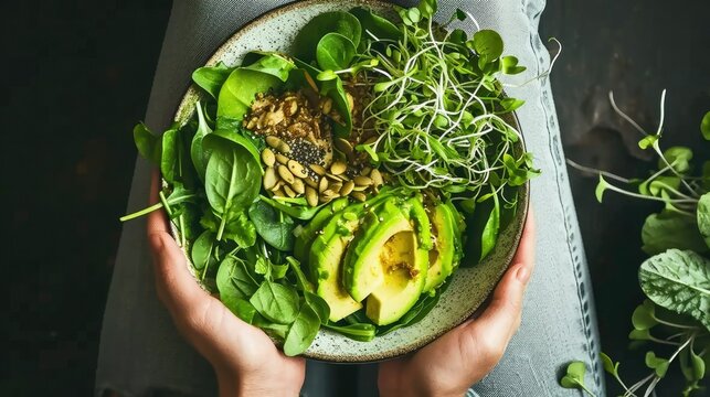 Green Vegan Breakfast Meal In Bowl With Spinach, Arugula, Avocado, Seeds And Sprouts. Girl In Leggins Holding Plate With Hands Visible, Top View. Clean Eating, Dieting, Vegan Food Concept
