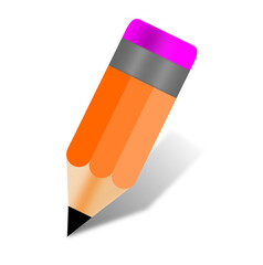 Short orange pencil with eraser, pink eraser, isolated, vector, lead pencil, writing tool, school, office pencil