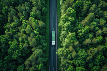 Sustainable mobility captured from above: Aerial view of car and hydrogen truck on forest highway. Green transport concept with electric vehicle and hydrogen-powered truck.