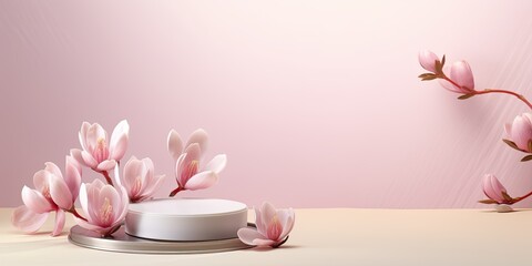 Pink magnolia flowers and platform for showcasing products, cosmetics.
