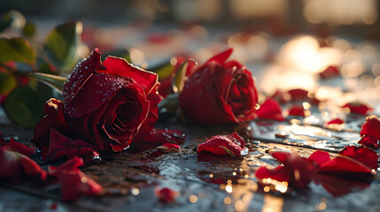 Red rose petals with drops of water on a dark background.