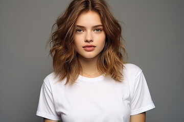 Fototapeta premium Woman in White Tshirt Mockup created with Generative AI