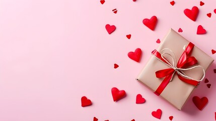 Valentine's day with red heart gift on pastel pink background.