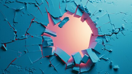 3d abstract hole on a broken blue wall with blank space