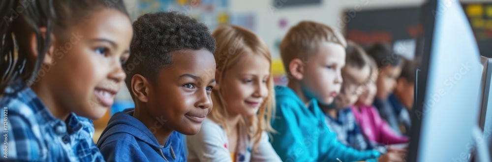 Poster group of children engaged in remote distance learning using computer generative ai