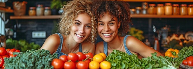 A diverse, joyful, and loving couple who are lesbians who cook vegan, healthful meals at home with a fresh veggie salad. They are also LGBT, Caucasian, and African American families. - obrazy, fototapety, plakaty