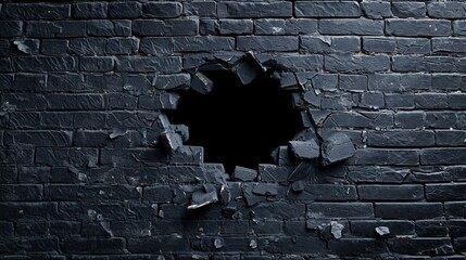 A black brick wall with a circular hole in it
