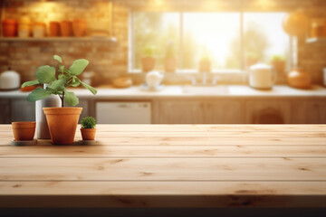 Wooden Table with Three Potted Plants