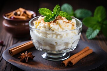 delicious rice pudding with cinnamon sticks. ai generated